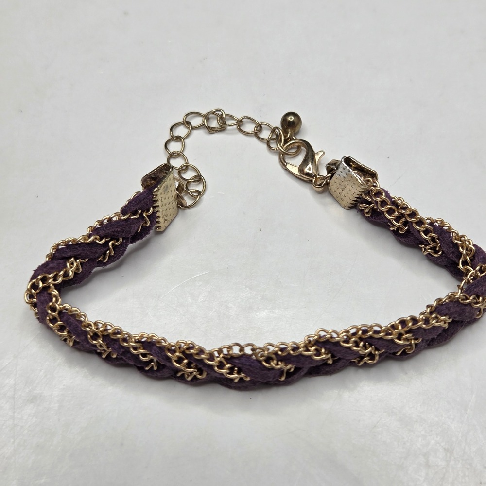Purple Braided Chain Bracelet Gold Tone Woven Faux Suede Adjustable 6.5in